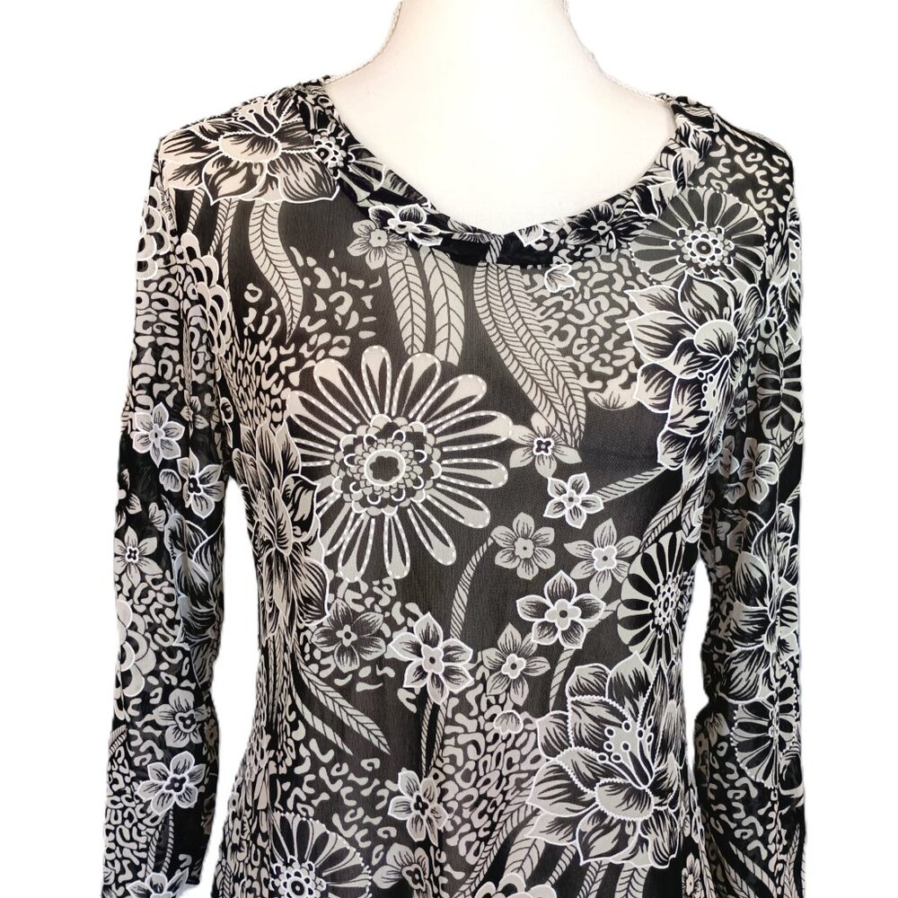 Kaktus Sheer Women's Dress Black White Floral Chiffon Stretch Handkerchief Lrg